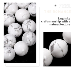 Detail shot of round white turquoise beads with natural grey texture and matte finish