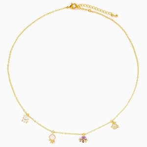 Golden space-themed necklace featuring colorful planet pendants and spacecraft on white background
