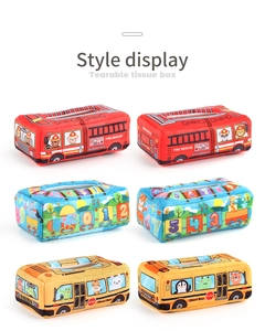 Style display of plush tissue box toys in fire truck, school bus, and train designs