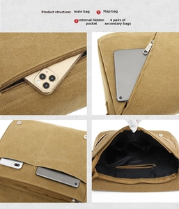 Detailed interior view showing multi-layer storage compartments of a khaki canvas bag