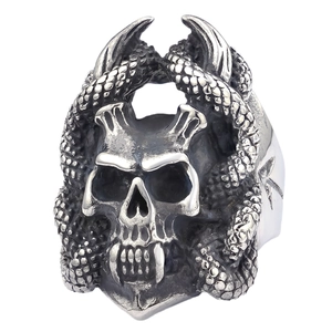 Retro stainless steel ring for men featuring a gothic skull and snake entwined design