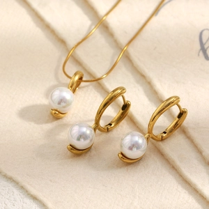 Faux Artificial Pearl Necklace And Earrings Jewelry 18K Gold Plated Stainless Steel Elegant Vintage Accessory For Women