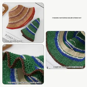 Striped handmade straw sun hat with wide brim and foldable design for women's summer beach travel