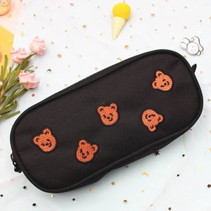 Black canvas pencil case with orange bear embroidery and large capacity storage