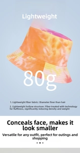 Detail of 80g lightweight fiber sun hat featuring a colorful tie-dye orange and pink pattern