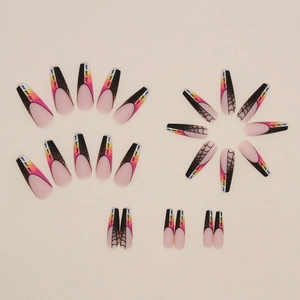 Long ballerina press-on nails with rainbow gradient, black spider web, and French tips