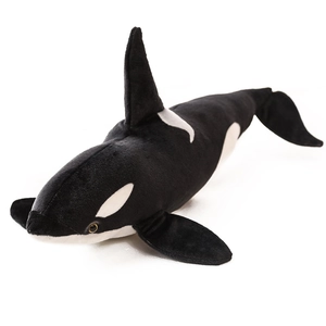 Plush orca whale toy shell in classic black and white soft fabric, 45-degree angle view