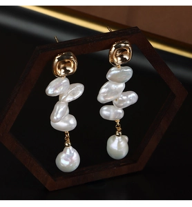 French baroque natural freshwater pearl drop earrings with elegant gold-plated square studs