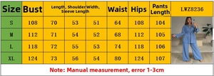 Size chart for women's long sleeve top and pants set with detailed measurements in cm