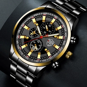 Luminous stainless steel quartz watch with calendar and chronograph in black and gold