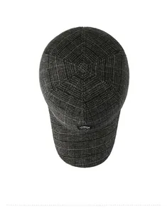 Top view showing grey plaid pattern and warm wool fabric texture of the baseball cap