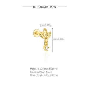 Detail view of 925 sterling silver golden flower stud earring with AAAAA zircon stones