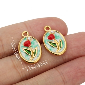 Flower Pendants Oval Tulip Rose Copper 18K Gold Plated Enamel Artificial Pearl For DIY Jewelry Making Necklaces Charms