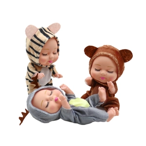 Three 5-inch sleeping baby dolls in tiger, bear, and deer animal onesie costumes