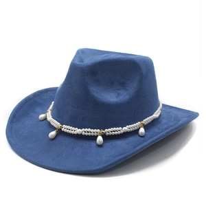 Detail of navy blue felt cowboy hat featuring a white pearl trim and teardrop pendants