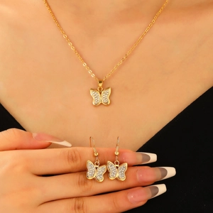 Elegante Collezione Gioielli Lega Strass Farfalla Stella Fiore Collana Orecchini Braccialetto per Donne Accessori