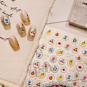 3D embossed fruit and tulip nail art stickers set with vibrant cherry and lemon designs