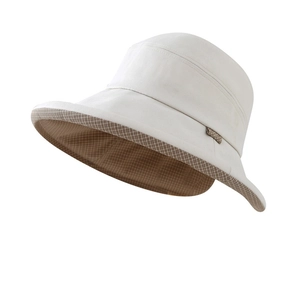 Chapeau de soleil femme en toile beige avec bordure à carreaux vichy marron