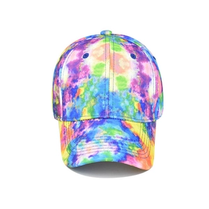 Colorful tie-dye baseball cap with curved brim and vibrant six-panel structure