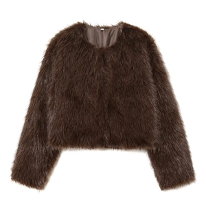 Short faux fur jacket in dark brown with thick long-pile texture and plush finish