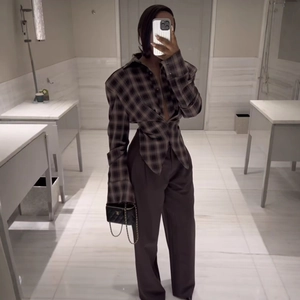 Stylish brown plaid long sleeve belted shirt with high waist straight trousers set