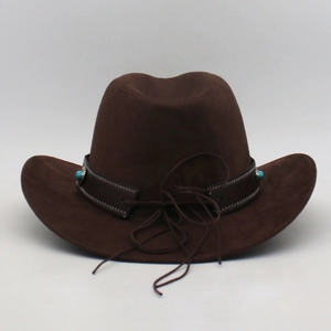Detail of western cowboy felt hat crown with leather band and turquoise beads