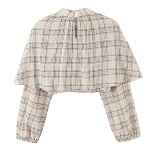 Plaid long-sleeve cropped top featuring a layered cape-back design and high crew neck