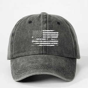 Washed charcoal grey baseball cap featuring a distressed American flag print on front