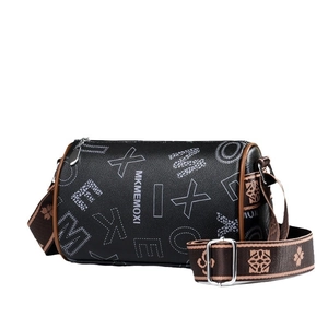 Minimalist black cylinder shoulder bag with white letter print and patterned brown strap