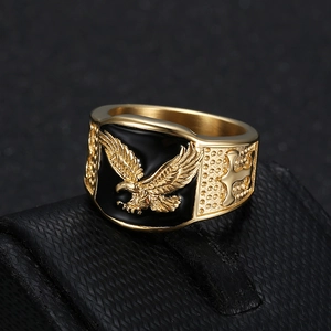 Gold-plated stainless steel men's ring featuring an eagle and cross in punk style