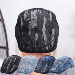 Newsboy Cap Vintage Distressed Washed Cotton Denim Ivy Flat Hat Retro Streetwear Adjustable Unisex