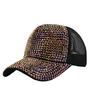 Detail of shimmering aurora rhinestones and breathable mesh on black baseball cap