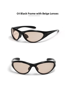 Detail view of C4 Y2K style sunglasses featuring black streamlined frames and beige lenses