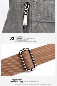 Close-up of grey canvas bag showing silver metal zipper and adjustable brown woven strap