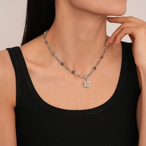 Retro Square Cube Pendant Necklace Alloy Rhinestone Colorful Gem Gothic Floral Pattern Aesthetic Women Silver Tone