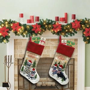 Christmas pet stockings with Dalmatian and Dachshund prints hanging on fireplace mantle