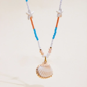 18K gold plated stainless steel necklace with colorful beads, starfish and shell pendant