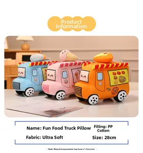 Gros plan d'oreillers en peluche food truck montrant la taille 28cm et le coton PP doux