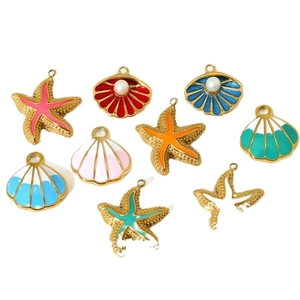 Gold-plated stainless steel starfish and shell charms with colorful enamel and pearl