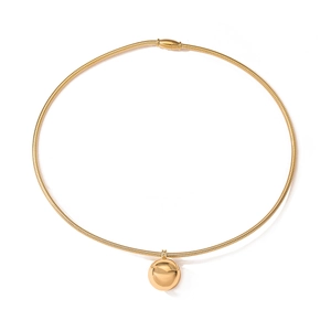 Golden snake chain necklace with a minimalist round pendant and polished metal finish