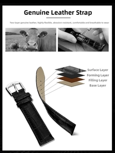 Detail view of multi-layer black crocodile grain leather strap with hand-stitched finish