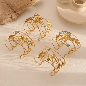 Golden ocean theme starfish and jellyfish stainless steel open cuff bracelet set for women