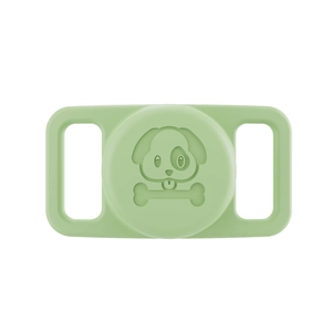 Detail of light green silicone AirTag pet collar case with dog bone relief pattern
