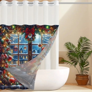 Detail of Christmas shower curtain with red bow, pine branches and snow window pattern