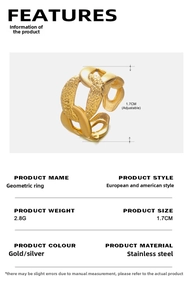 Macro detail of 18K gold plated stainless steel chain ring showing 2.8g weight and size
