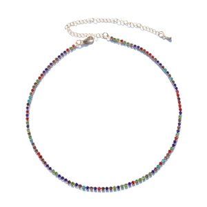 Detail view of the rainbow crystal necklace with gold lobster clasp and adjustable chain link