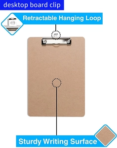 Detail of wooden A4 clipboard featuring a retractable hanging hook and sturdy metal clip