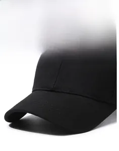 Detail shot of a black baseball cap featuring a stiff brim and high-density twill fabric