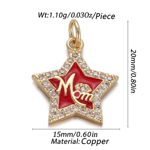 Detail view of 14K gold plated heart pendant with Mom text and red enamel finish