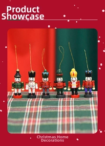 Set of six miniature wooden Nutcracker soldier ornaments with golden hanging loops